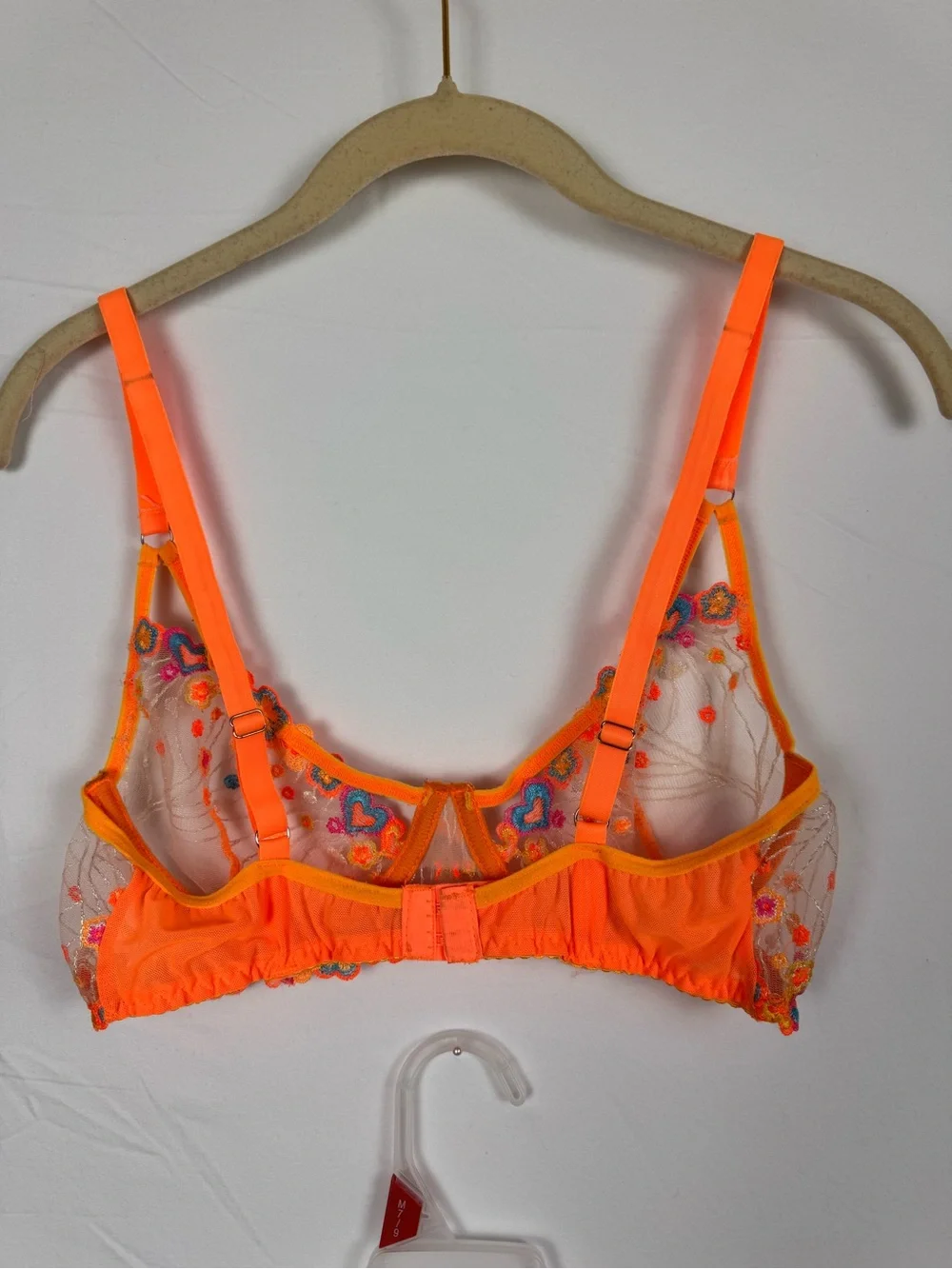 Source Unknown Neon Orange Embroidered Sheer Bra & Garter Set